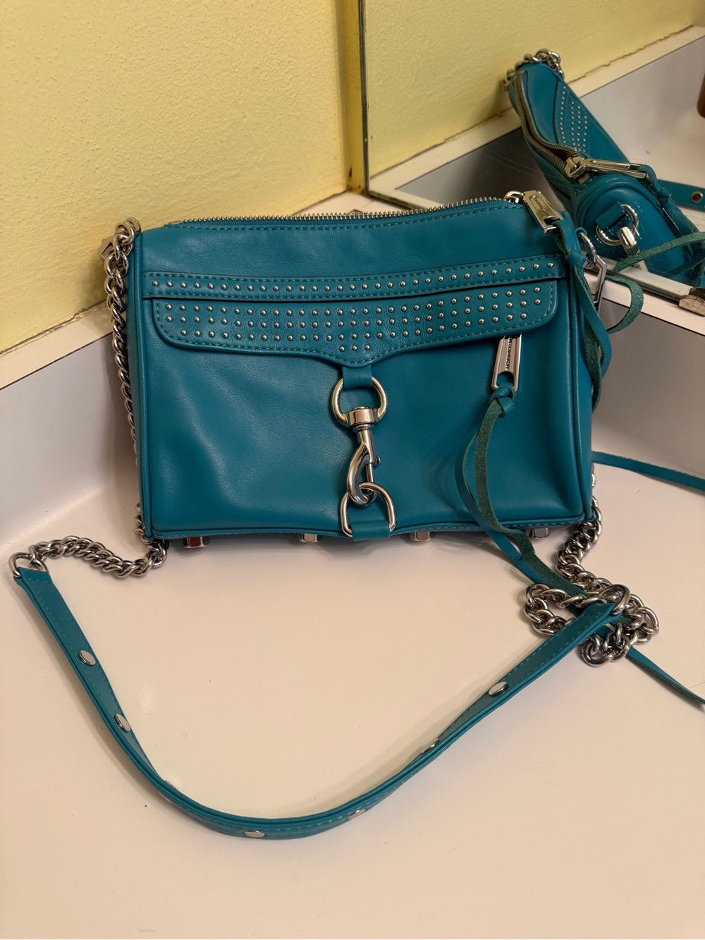 Rebecca Minkoff Teal Leather Mini Crossbody with Studs